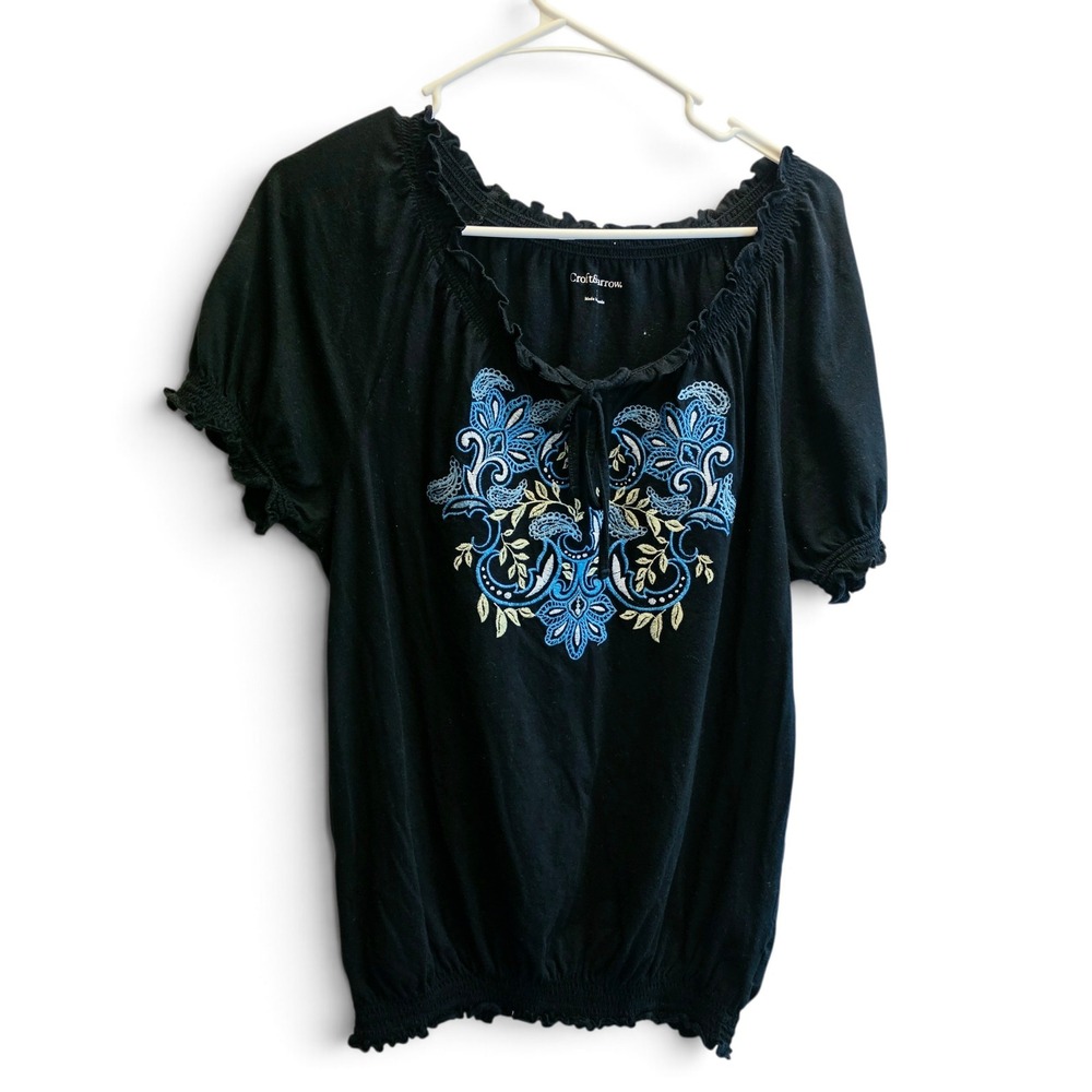 Croft & Barrow Embroidered Paisley Peasant Top Women's MD Black Blue Green